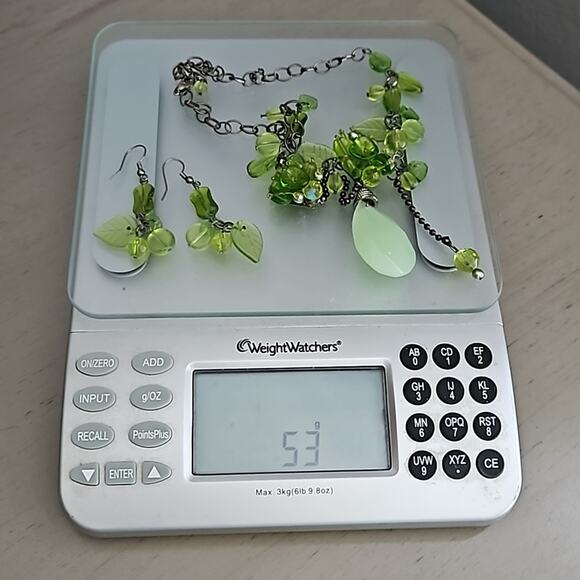 Unique Green Bead & Fluorite Stone Statement Necklace & Earring Set Glows - Picture 9 of 10